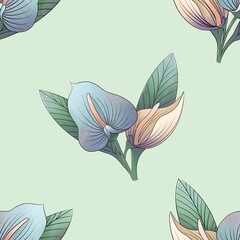 Fototapeta na wymiar seamless pattern with blue and yellow anthurium with green leaves, tropical on a white background