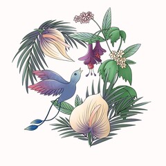 composition with tropical flowers, leaves and bird of paradise
