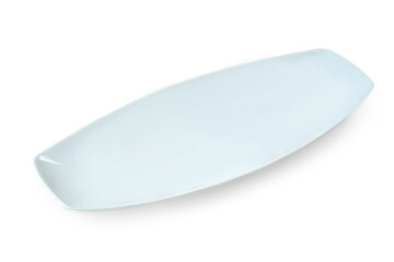 Empty white ceramic long plate isolated on white background
