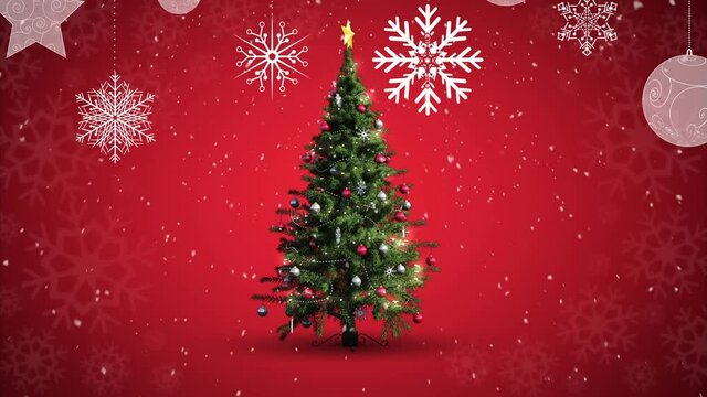 Animation of snow falling over chritmas tree on red background