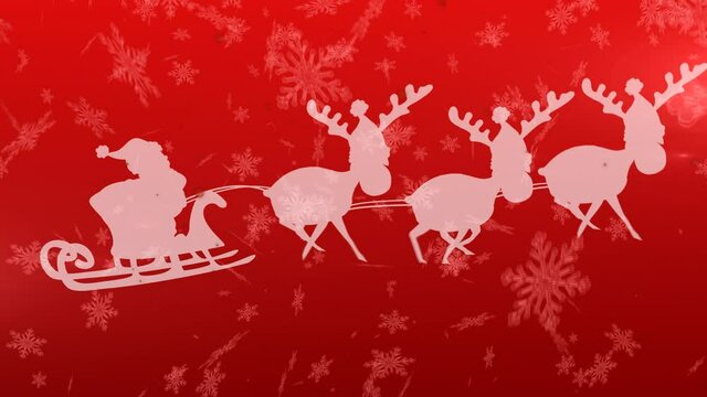 Animation of santa claus in sleigh with reindeer moving over falling snow