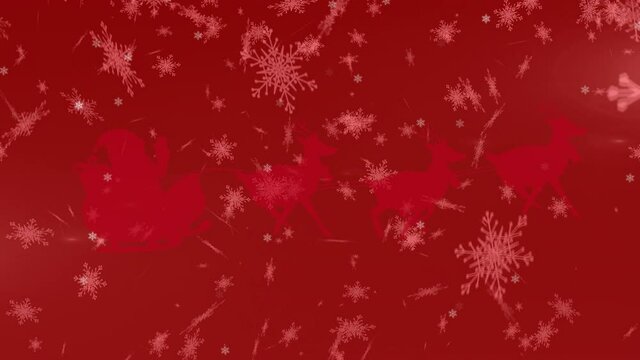 Animation of santa claus in sleigh with reindeer moving over falling snow