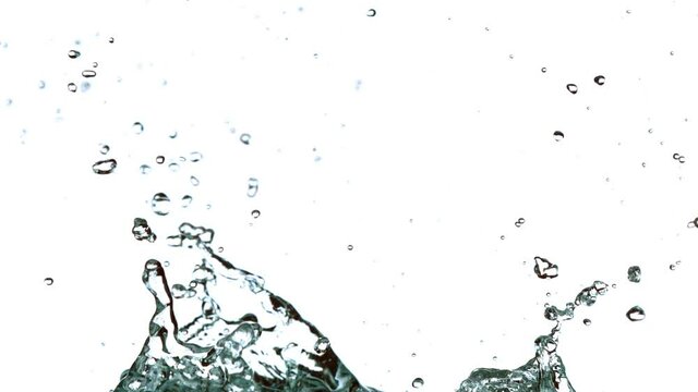 Super slow motion of water splash on white background. Filmed on high speed cinema camera, 1000 fps.