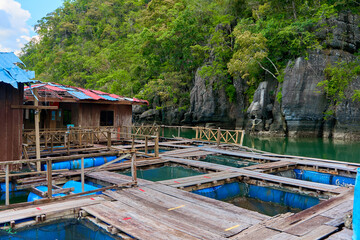 A floating fish farm on the island of Langkawi in Malaysia