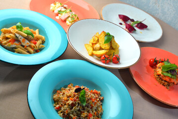 assorted dishes.Top view.