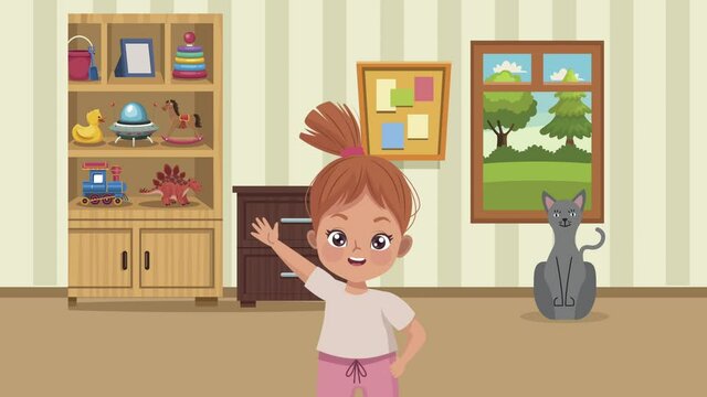 little girl practicing exercise with cat animation