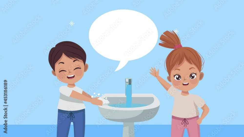 Wall mural little kids couple washing hands animation