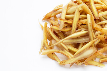 Sliced fingerroot on white background.