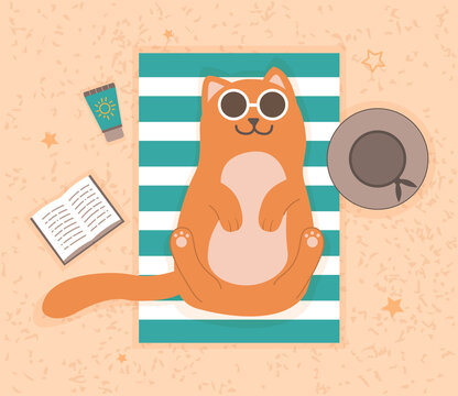 Cat lying on beach. Fluffy cat in sunglasses resting and sunbathing. Vacation and relaxation time. Design element for postcards, banners and social networks. Cartoon texture flat vector illustration