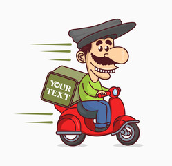 Obraz premium Food delivery moto scooter. Georgian driver with backpack behind back is on his way to deliver food. Courier on scooter delivering food. Quick shipping of goods to customers.