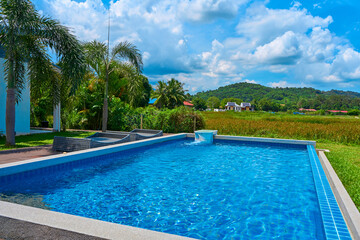 Pool in the courtyard of the cottage overlooking the mountains and fields. Vacation in a quiet, beautiful hideaway place