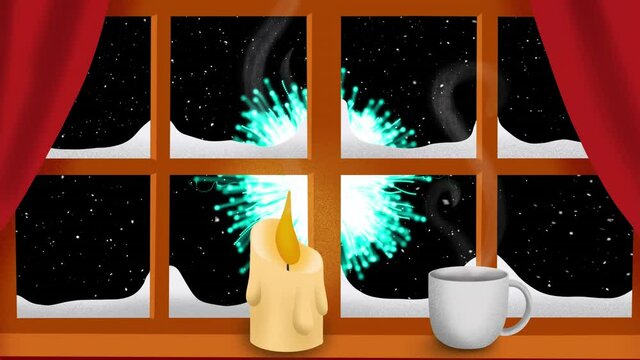 Animation of snow falling and green fireworks exploding seen through window