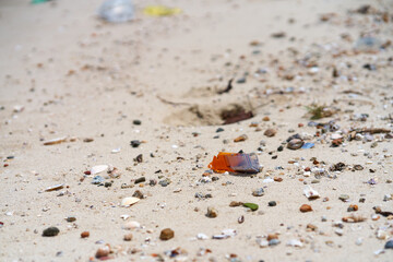 Trash on the sandy beach left by vacationers