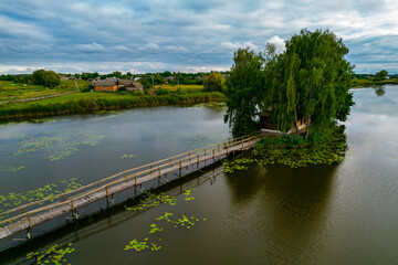 Fototapeta na wymiar Aerial view of a fishing house on the lake