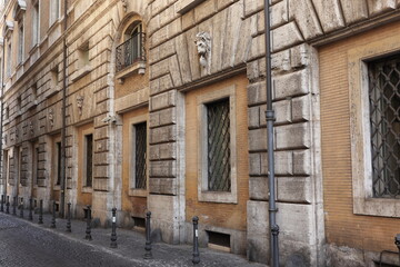 Fototapeta na wymiar Rome Cobblestone Street View with Buildings, Piazza Navona Area, Italy