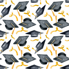 Watercolor illustration of Academic student graduation celebration uniform caps. University hat in black ink pattern with gold ribbons.
