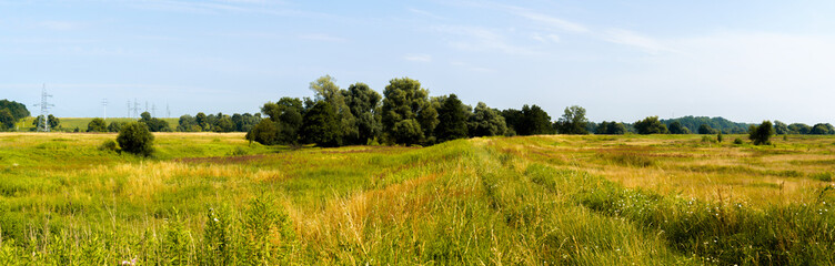 Obraz premium High voltage electric pylon and electrical wire at field