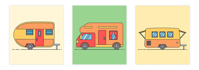 Colorful Camper RV. Mobile home for country and nature vacation and rest. Road home Trailer. Modern collection of posters for decorating walls. Cartoon flat vector set isolated on a white background