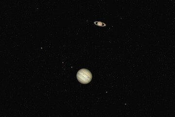 Jupiter and Saturn conjunction against night starry sky. Real amateur pictures of  planets combined...