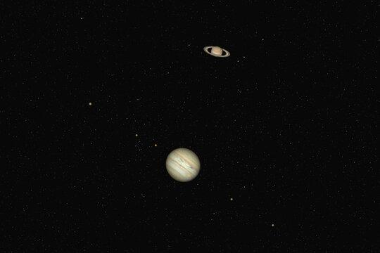 Jupiter and Saturn conjunction against night starry sky. Real amateur pictures of  planets combined together with amateur stary sky picture. Illustration of conjunction.