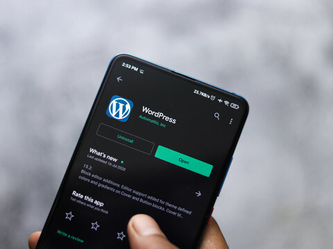 Assam, india - Augest 2, 2020 : Wordpress logo on a smartphone screen.