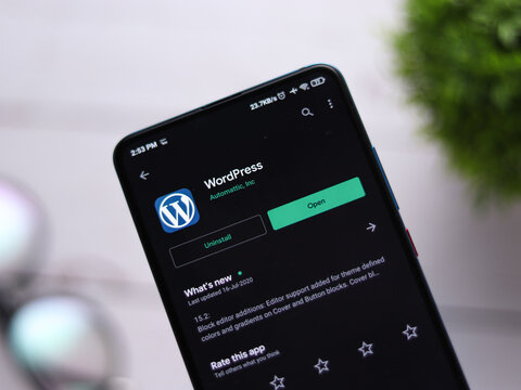 Assam, india - Augest 2, 2020 : Wordpress logo on a smartphone screen.
