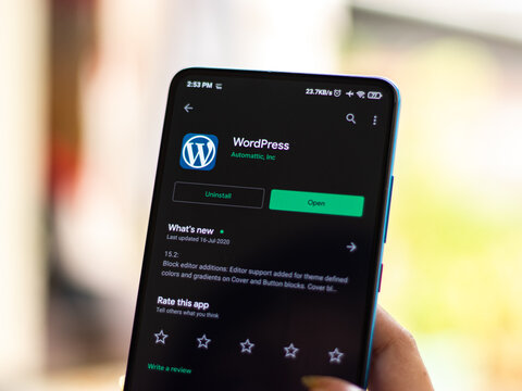 Assam, india - Augest 2, 2020 : Wordpress logo on a smartphone screen.