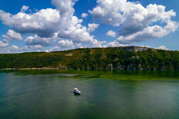 Aerial view of boat on the Dniester river