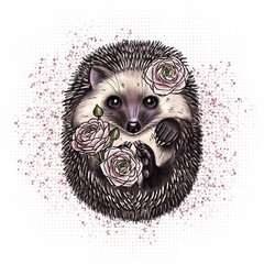 Cute hedgehog with ranunculus flowers and lovely paws, heels, nose and eyes