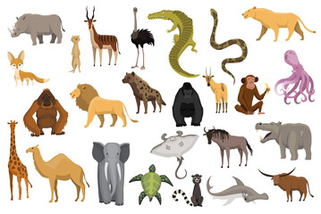 Collection of cute animals. Hand drawn animals which are common in Africa. Icon set isolated on a white background