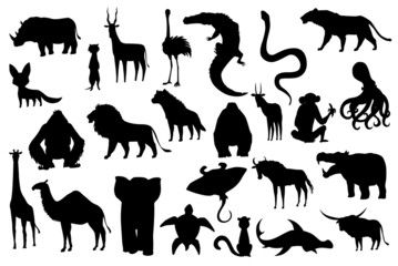 Collection of cute animals. Hand drawn silhouette animals which are common in Africa. Icon set isolated on a white background