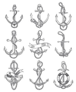 Collection of anchors with rope. Sketch engraving icons illustration. Hand drawn print design image. Nautical symbols in vintage style. Retro drawing