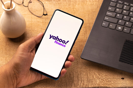Assam, india - April 19, 2021 : Yahoo Finance logo on phone screen stock image.