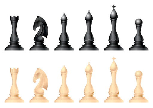 Chess figures set. King, queen, bishop, knight or horse, rook and pawn - standard chess pieces. Strategic board game for Intellectual leisure. Black and white items