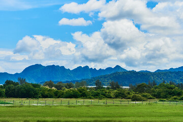 Natural landscape of green tropical island with beautiful mountains