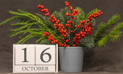 Memory and important date October 16, desk calendar - autumn season.
