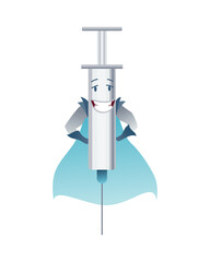 Pills super hero. Cute cartoon character with smiled face. Syringe like a superman with a cloak. Medicinal strong help