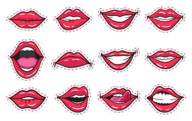 Fototapeta na wymiar Comic female red lips stickers set. Women mouth with lipstick in vintage comic style. Rop art retro illustration