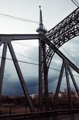 Old Volga Bridge, Tver, Russia, windy cloudy cold day in spring