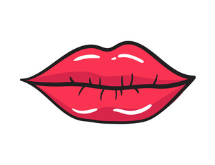 Obraz premium Comic female red lips sticker. Women mouth with lipstick in vintage comic style. Rop art retro illustration