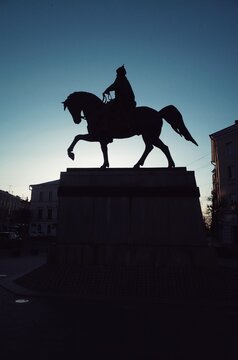 Statue of Yuriy Dolgorukiy in Tver, Russia, Tverskaya Square, Soviet squeare, sunset, evening, contrast lightning