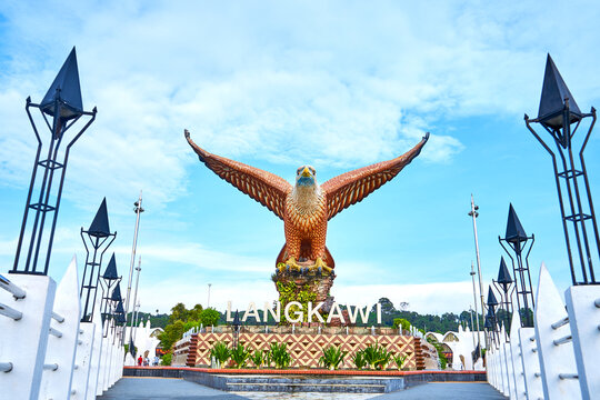 A sculpture of a red eagle spreading its wings. Popular tourist spot on Langkawi island