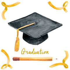 Watercolor illustration of Academic student graduation celebration uniform cap with lettering. University hat, pencil and gold ribbons set.
- 453194155