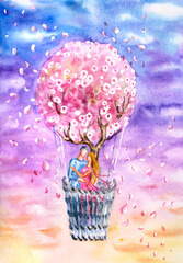 Couple in love flying in a balloon in the form of a blooming tree, watercolor illustration, print for poster, greeting card, book illustration. covers and other designs