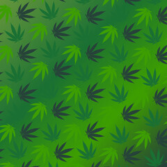 Cannabis green color seamless pattern on green gradient background.