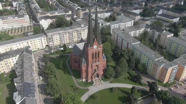 View on the main city square with church of St. Markuskirche in Chemnitz city, Germany.