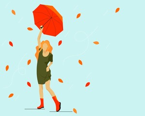 Girl with long hair and an umbrella in autumn colors. Leaves swirl around her. Flat vector illustration for web design, print. 