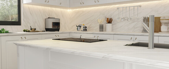 View side of a marble bar in white wooden luxury kitchen. 3d rendering