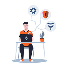 Male sysadmin working on laptop to maintaining or repairing server. Repairing and adjusting work on network connection. Technical engineer work on system maintenance