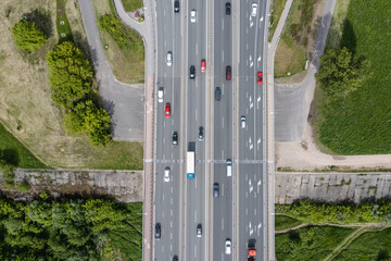 Drone aerial view of S8 road next to General Stefan Grot Rowecki Bridge in Warsaw capital city, Poland